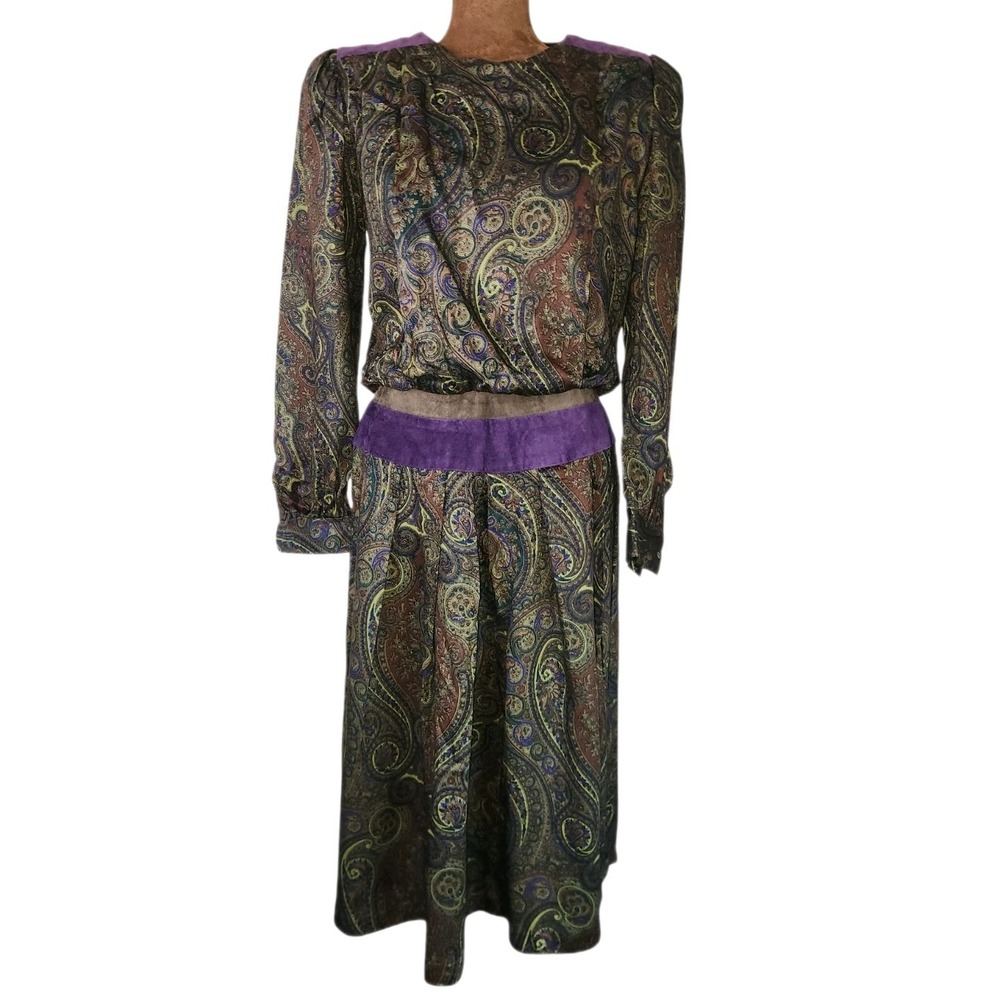 Vintage 80s‎ Dress Green & Purple Paisley Blouson Secretary Faux Suede Accents